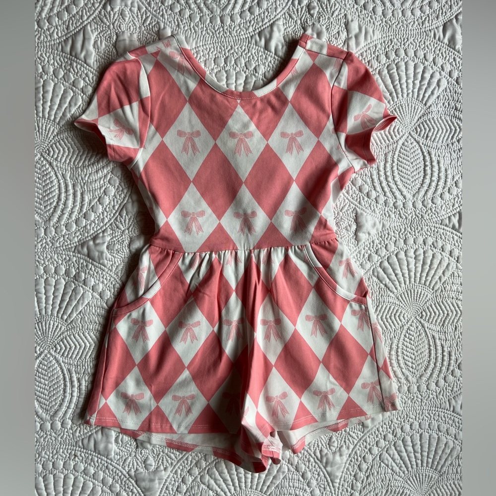 Pink and White bow print Romper